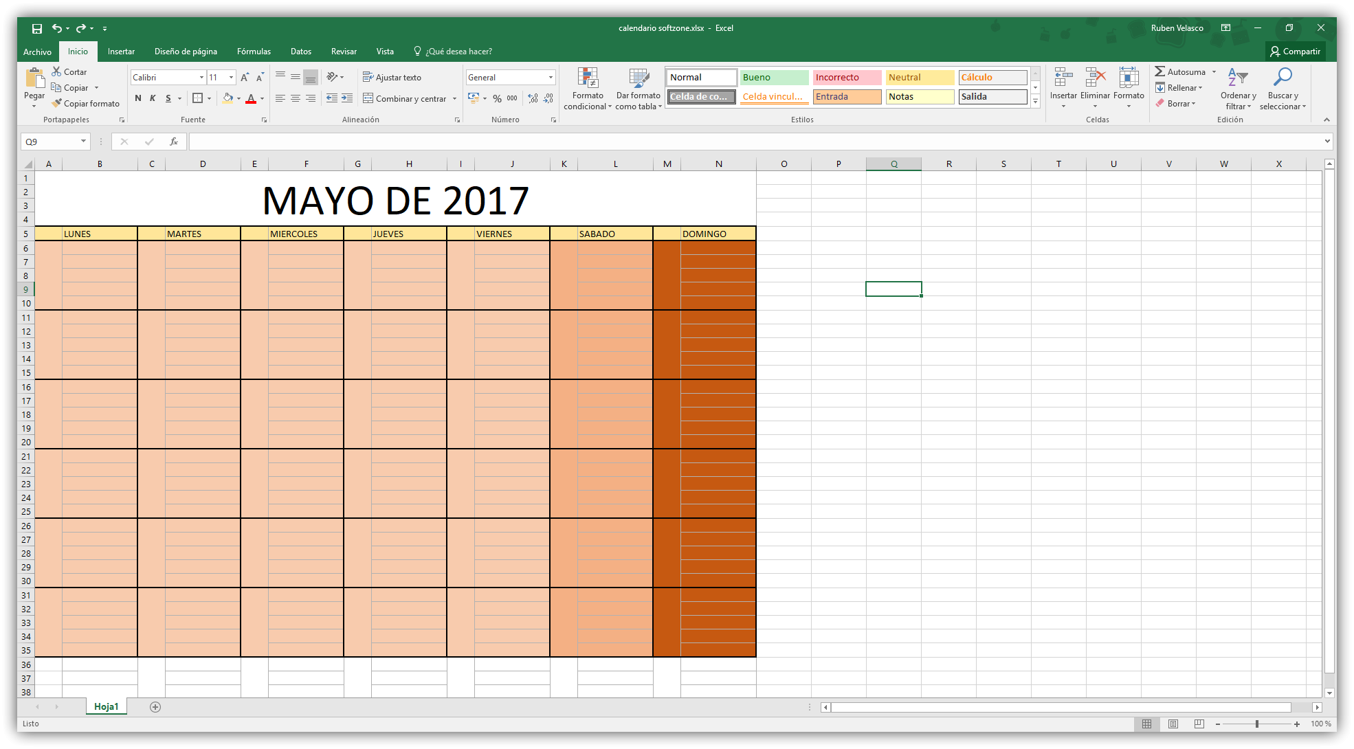 Crear calendario excel