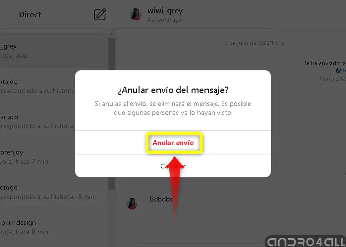 Como eliminar un mensaje enviado en instagram 5